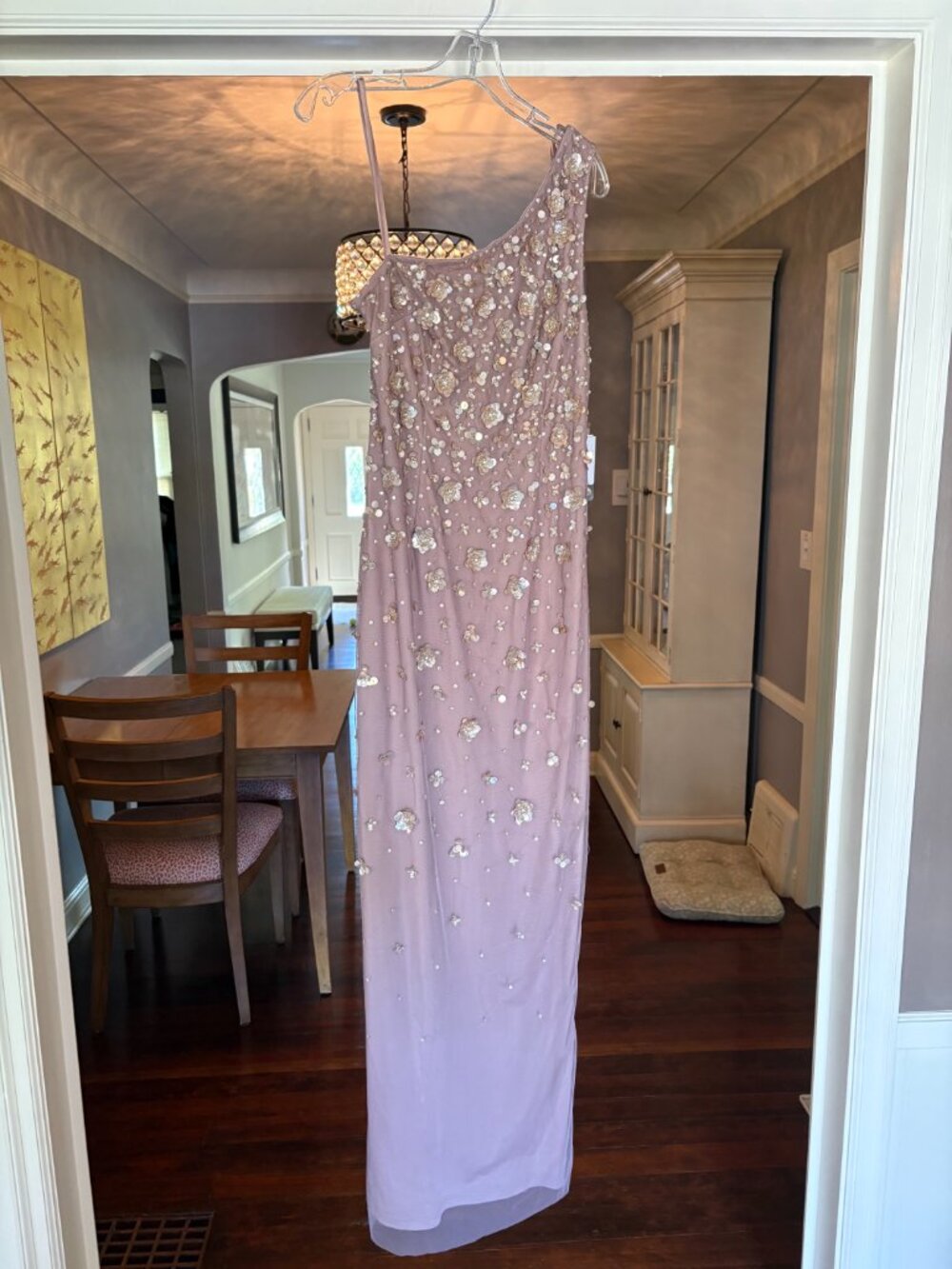 NWT Adrianna Papell Beaded One Shoulder Gown in Stone/Taupe. Size 10 - Picture 5 of 16
